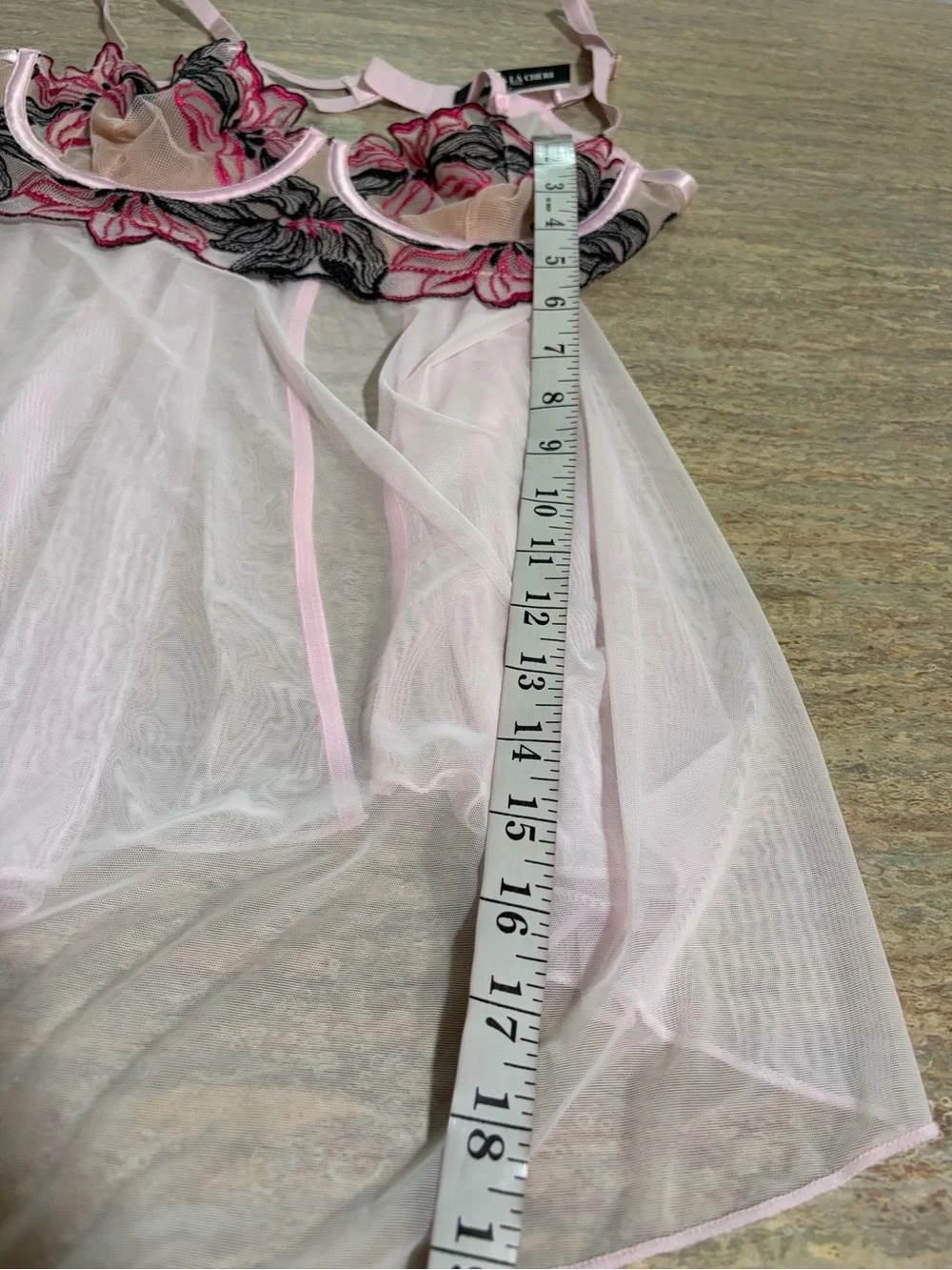 NWOT Oh La La Cheri Paris Pink Floral Embroidered Sheer Babydoll & Panty Set